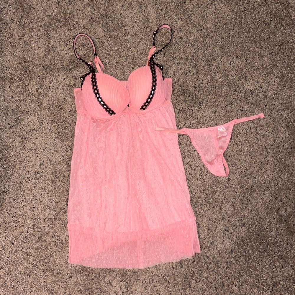 Gorgeous peach and black slip and G-string